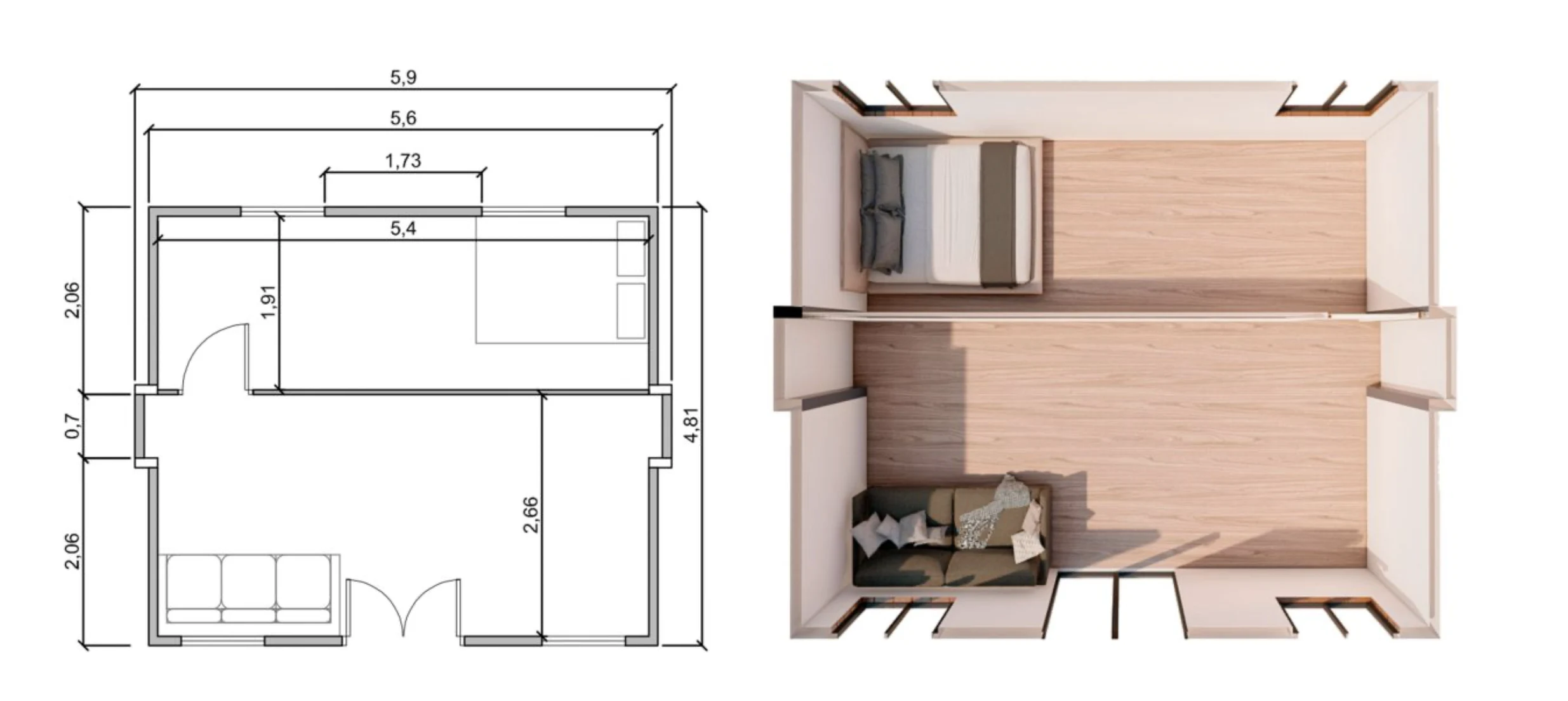 Plano X-O2 distribución con dormitorio