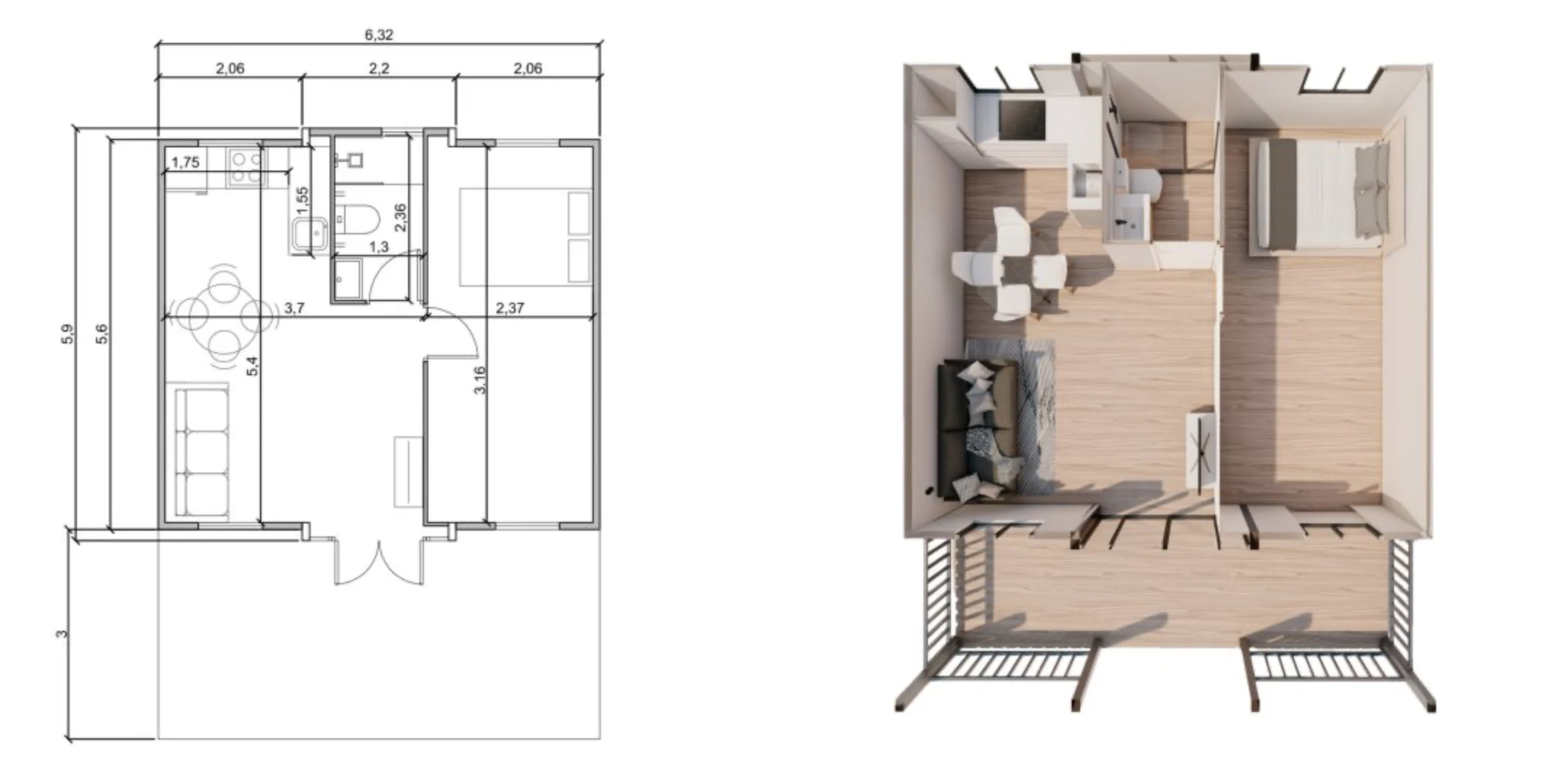 plano X-O3 Distribución B · 1 dormitorio con porche