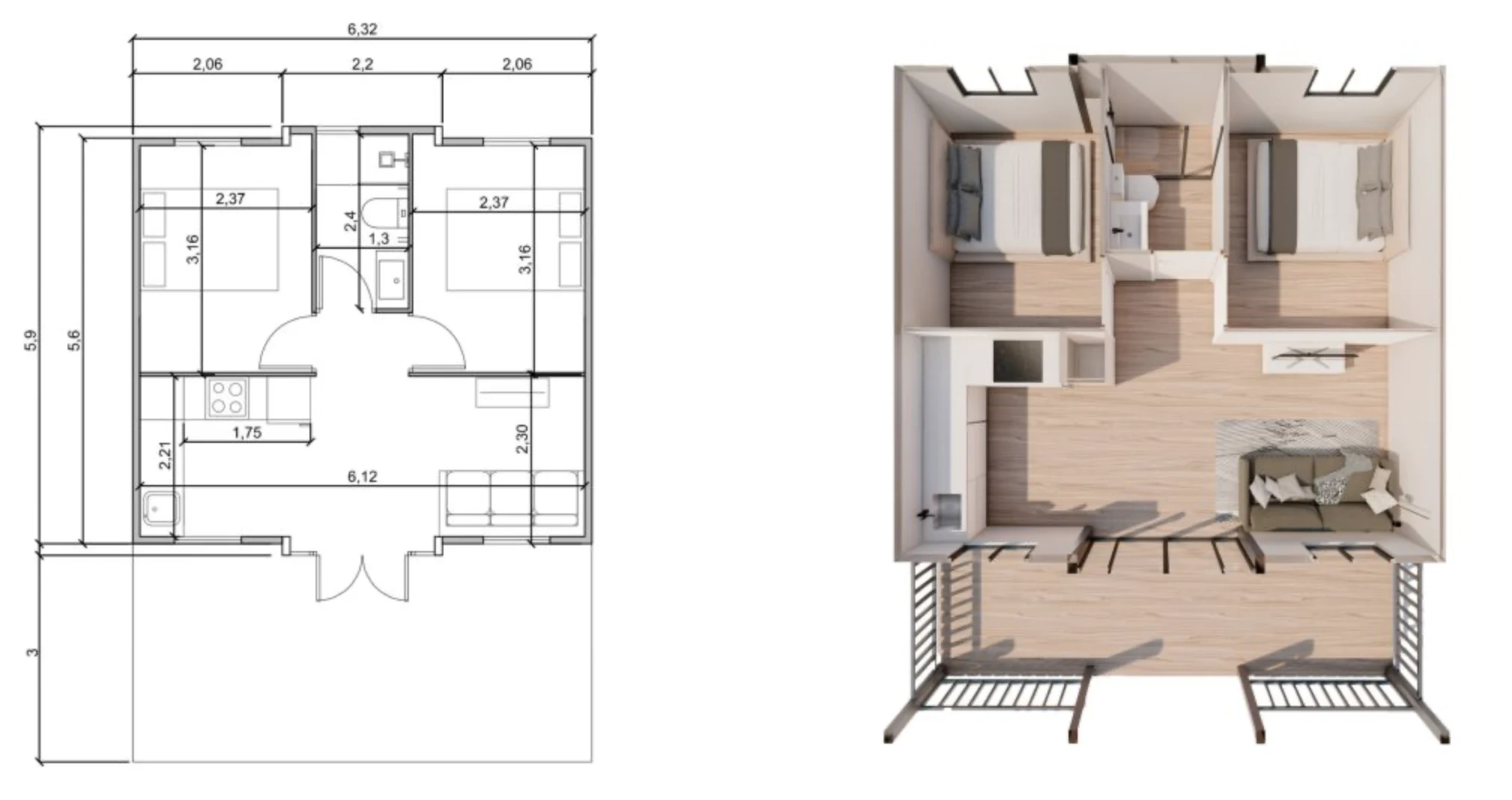 plano X-O3 Distribución C · 2 dormitorios y cocina frontal con porche