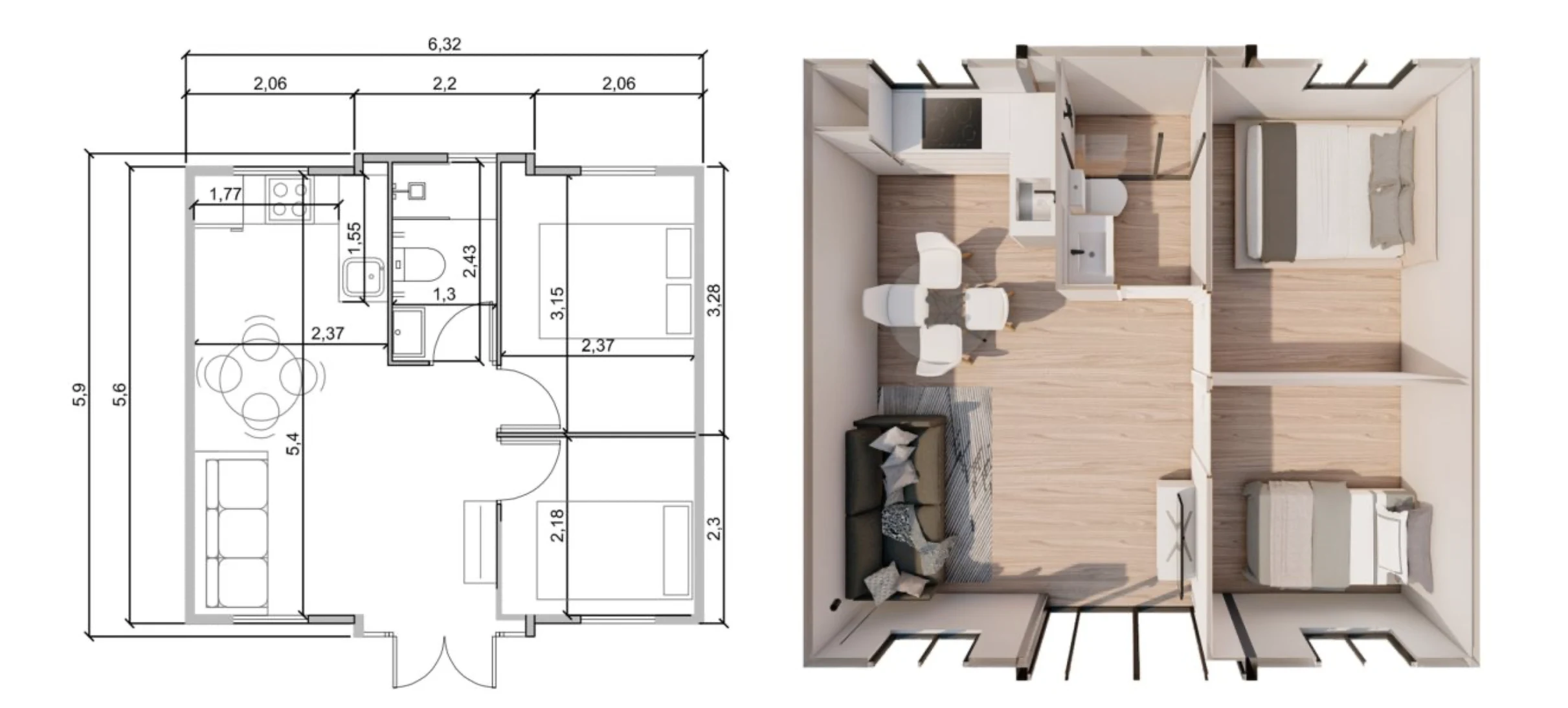 plano X-O3 Distribución A · 2 dormitorios