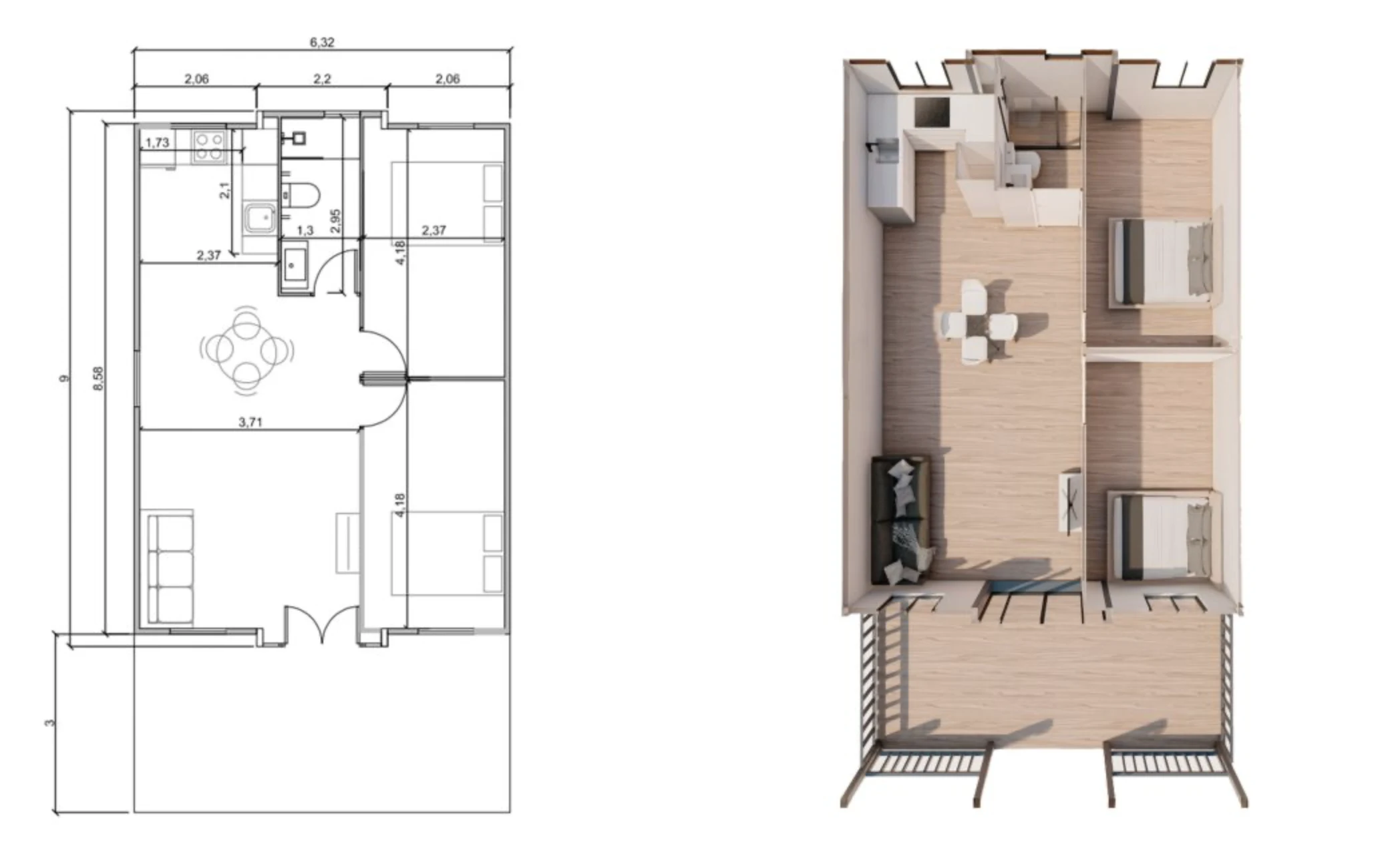 plano X-O4 2 dormitorios con porche