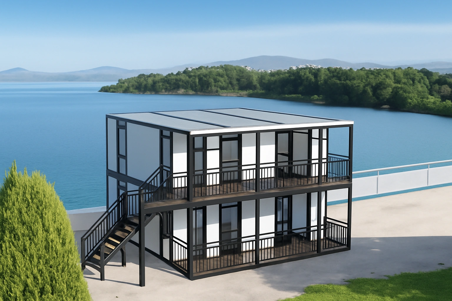 Casa modular moderna con paneles solares junto al mar