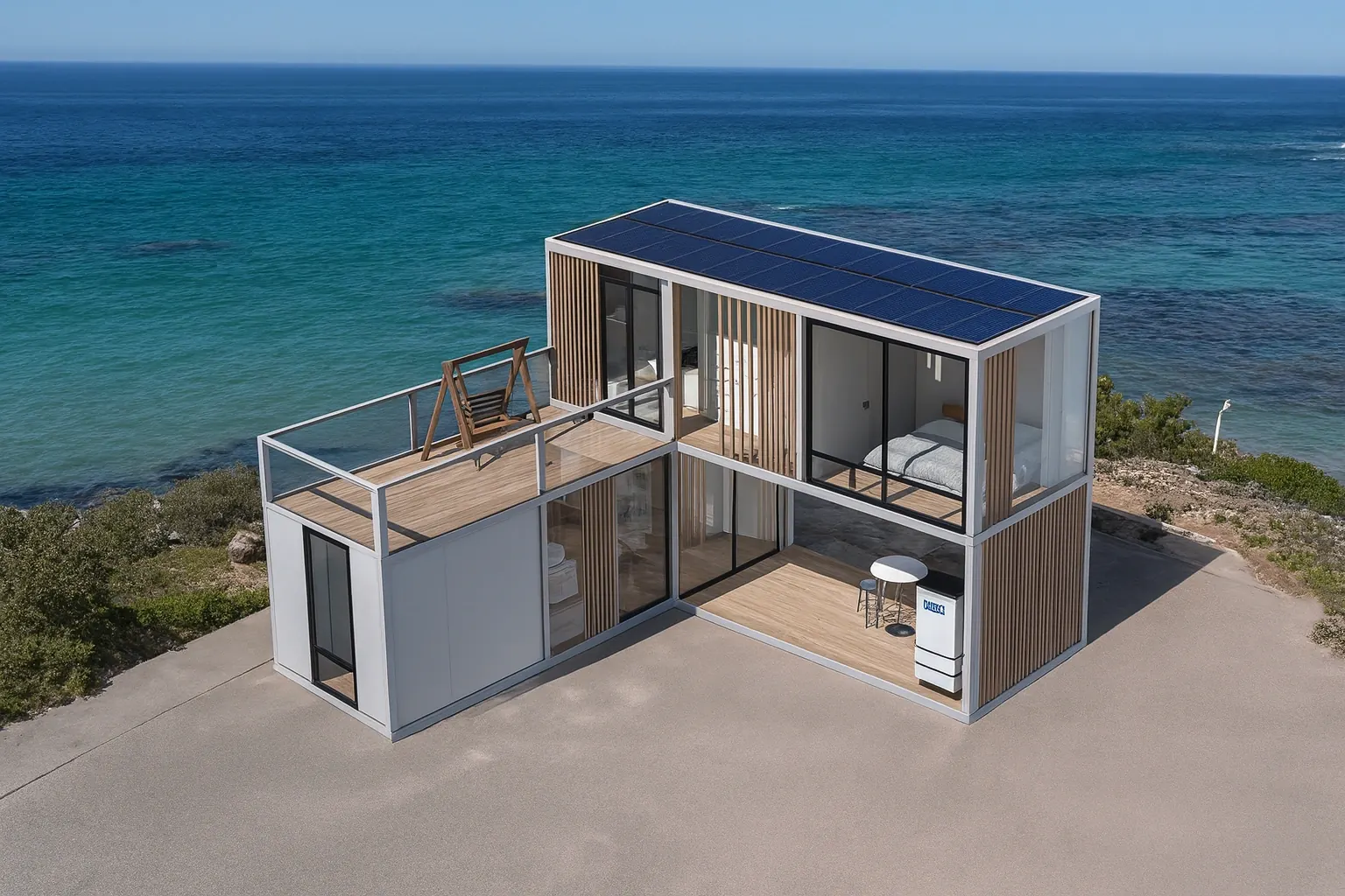 Casa modular de dos pisos frente al lago