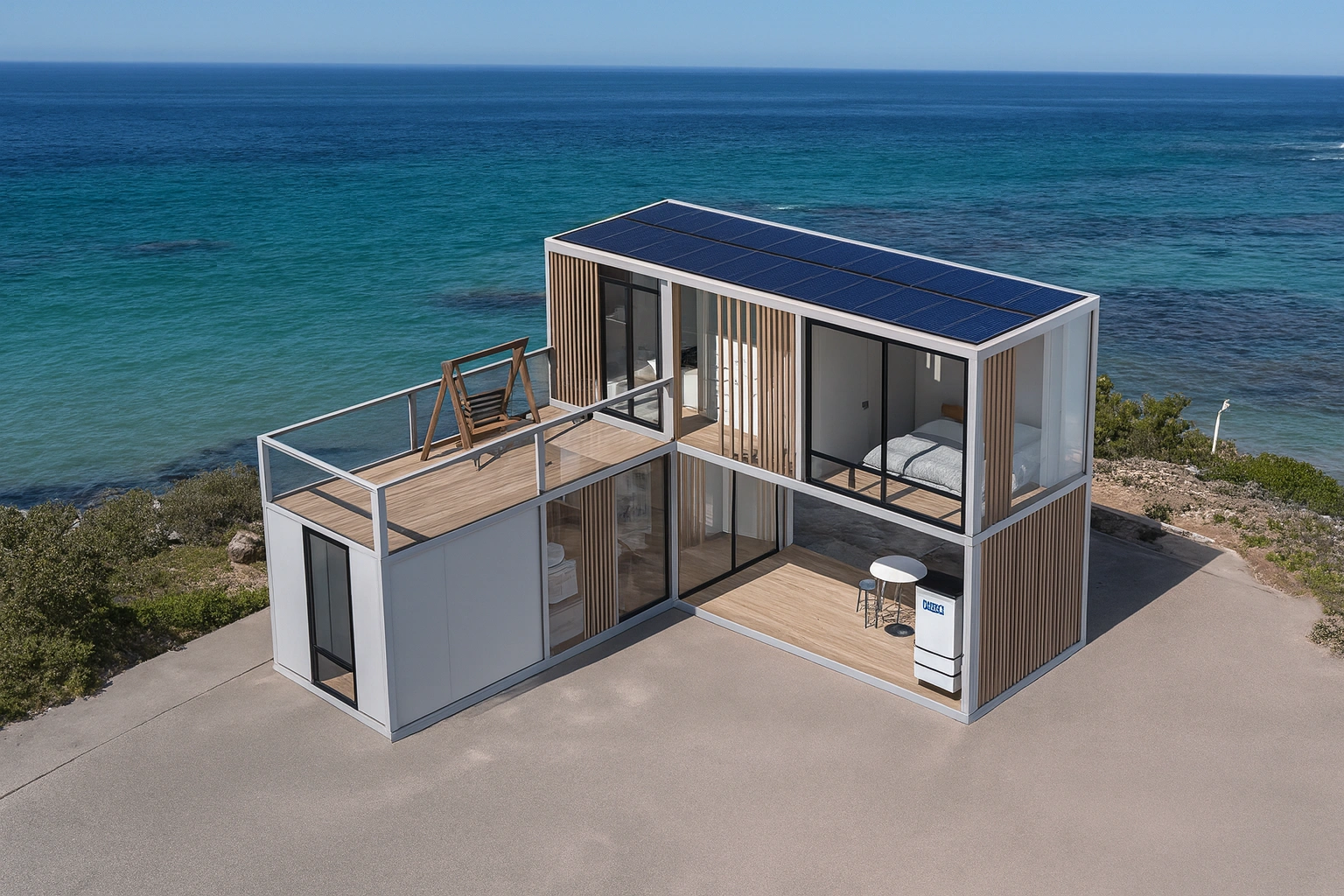 Casa modular de dos pisos frente al lago